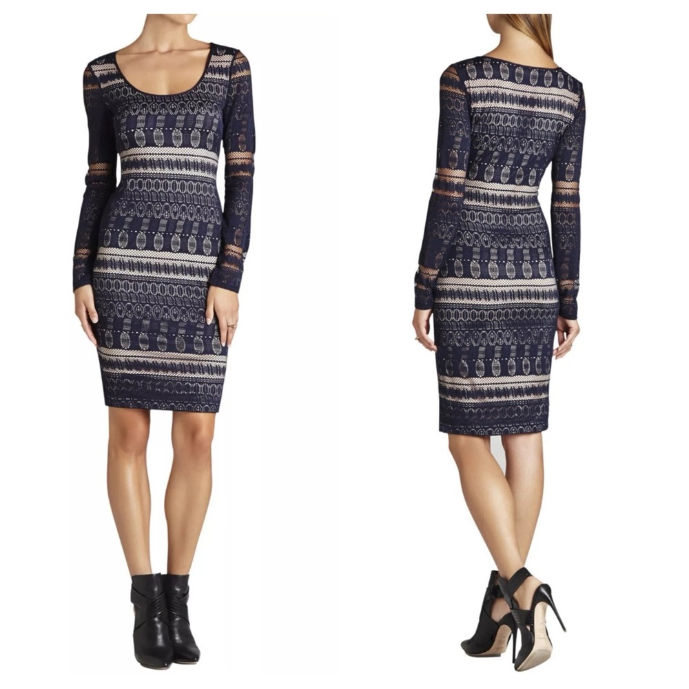 BCBGMAXAZRIA Tanya Long Sleeve Lace Dress XS Navy Blue Dark Midnight Stretch‎